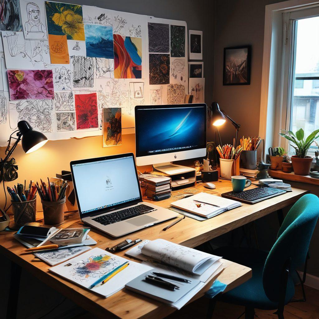 A vibrant scene depicting an artist's workspace filled with colorful materials, a laptop open with a blog interface, and beams of light illuminating the ideas flowing around. Include elements like paintbrushes, notebooks, and digital tools representing creativity and blogging. The background should blend a cozy room setting with digital motifs to reflect the digital realm. surrealistic. vibrant colors. dynamic composition.