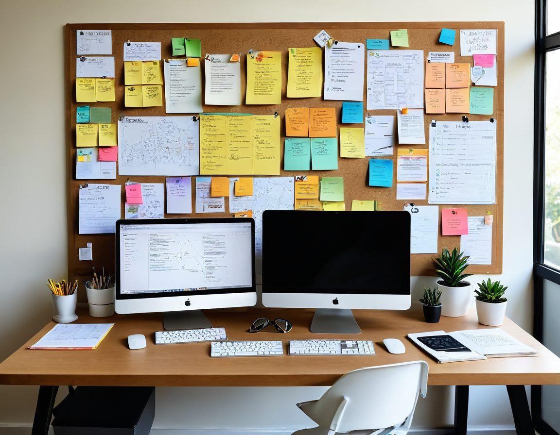 A dynamic workspace featuring a large corkboard filled with colorful sticky notes, mind maps, and flowcharts symbolizing brainstorming and idea organization. In the foreground, a laptop displays a neatly arranged blog dashboard with metrics and content plans. Soft natural lighting creates a warm and inviting atmosphere, inspiring creativity and productivity. modern minimalistic style. vibrant colors.