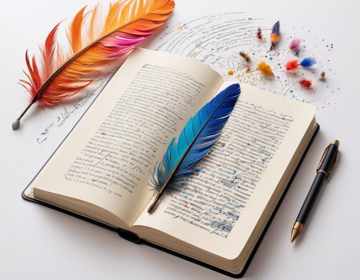 A majestic, opened personal journal transitioning into a vibrant digital screen filled with words and images, symbolizing the journey from handwritten thoughts to published work. In the background, a pathway of ink and pixels leads towards a bright horizon, representing growth and transformation. Incorporate elements like feathers, ink quills, and digital icons to signify the merging of personal and digital worlds. super-realistic. vibrant colors. white background.